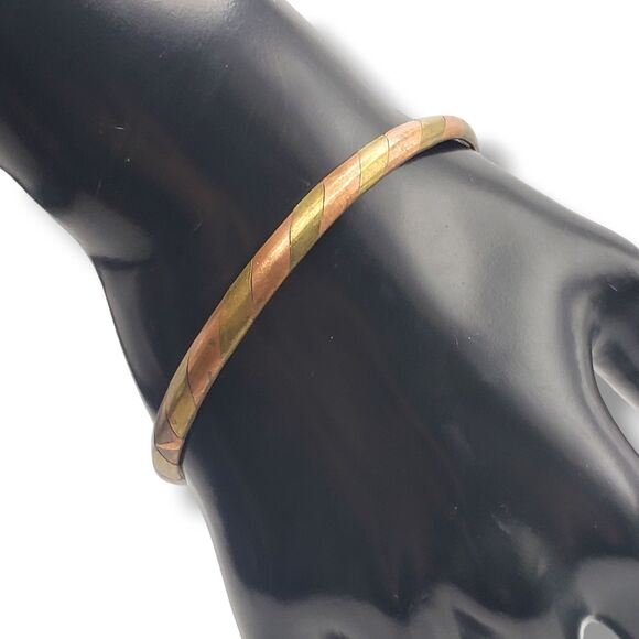 Brass Copper Alternating Stripes Thin Bangle Vintage Bracelet Mixed Metal - Picture 4 of 8
